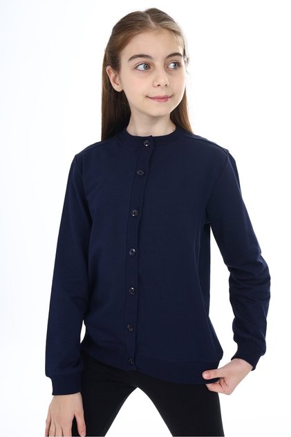 Navy Blue Girls' Crew Neck Buttoned Knitted Cardigan - 2 Thread