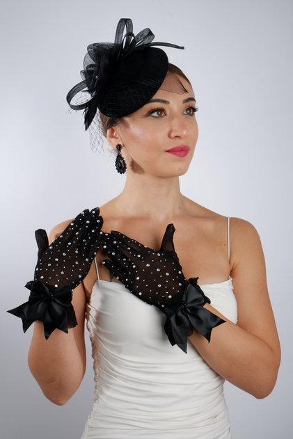 Elegant Black Tulle Rhinestone Evening Gloves and Chic Feather Fascinator Hat Set