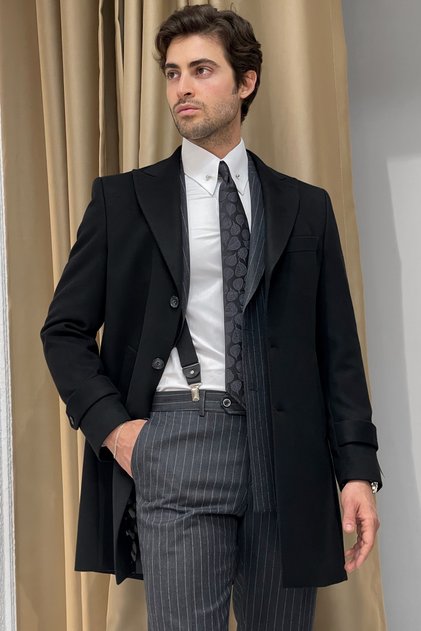 Slim Fit Pointed Collar Punto Stitched Long Wool Black Cashmere Coat