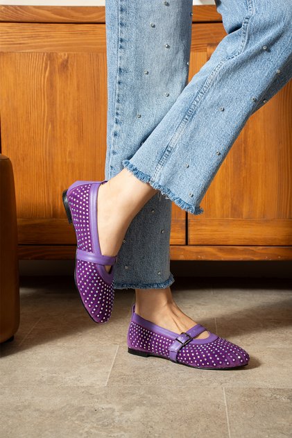 Milan Purple Stone Calf Leather Suede Ballerina Shoes