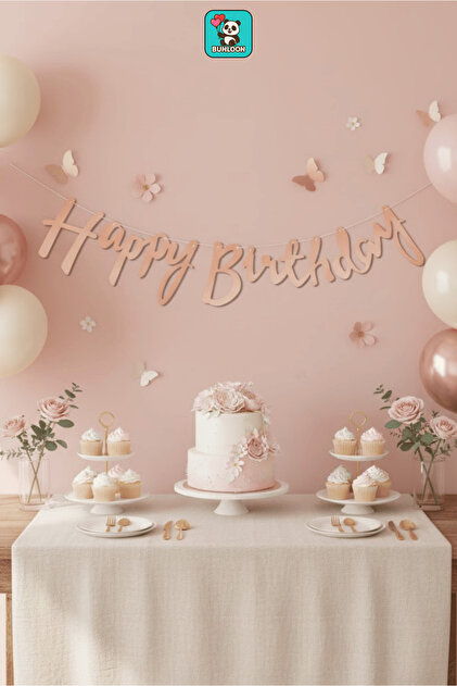 Kaligrafi Banner Rose Gold Happy Birthday 110 cm Parti ve Doğum Günü Süsü
