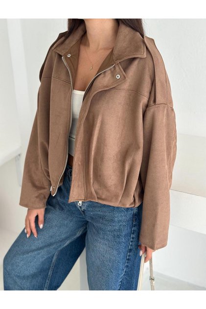 Oversized Suede Fabric Jacket with Epaulet Detail