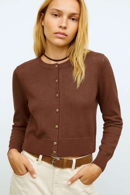 Button Detail Long Sleeve Cardigan, Stylish Comfortable Transitional Cardigan, Biscuit Neck Cardigan, Cardigan, Cotton Cardigan