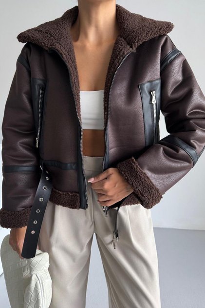 Women's Fur Lined Faux Leather Coat - Brown Oversized Zipper Winter Biker Jacket