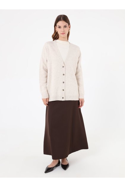 V-Neck Bone Button Detailed Knitwear Cardigan - Cream -