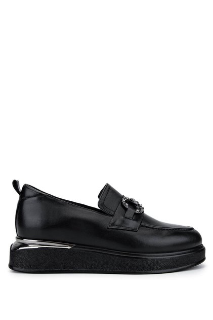 Women's Genuine Leather Black Leather Loafer Shoes