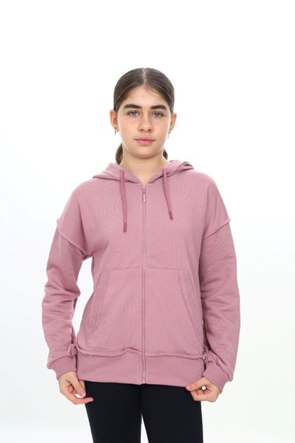 Dusty Rose Girl's Hooded Zippered Pocket Low Shoulder Reverse Stitch Detailed Knitted Cardigan