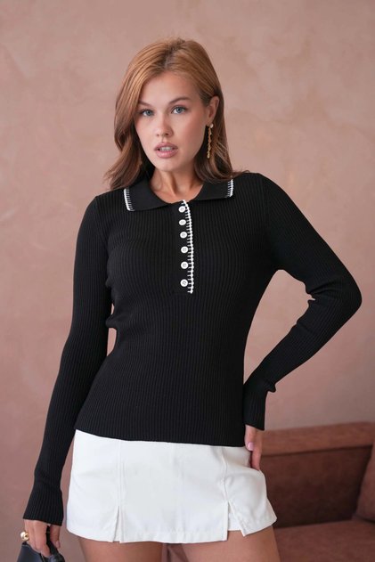 Women's Polo Yak Agarni Stitched Ribbed Knit Knitwear Sweater