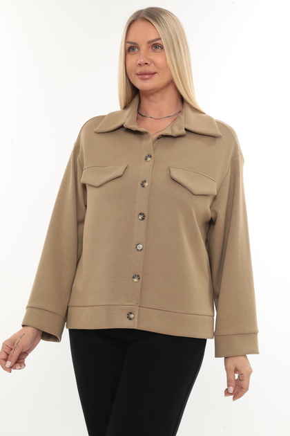 Plus Size (50-56) Shirt Collar Buttoned Decorative Pocket Knitwear Long Sleeve Women's Blouse