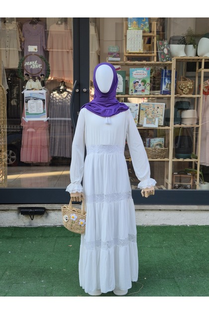 White Lace Detailed Lined Children's Hijab Dress