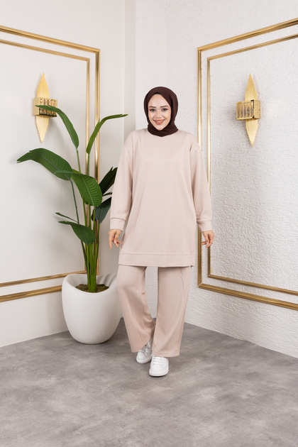 Women's Crew Neck Plain Combed Cotton Double Bottom Top Set