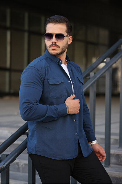Men's Slim Fit Pocket Basic Long Sleeve Navy Blue Denim Shirt