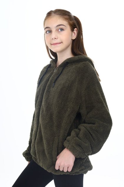 Girl's Hooded Zippered Pockets Raglan Sleeve Plush Cardigan