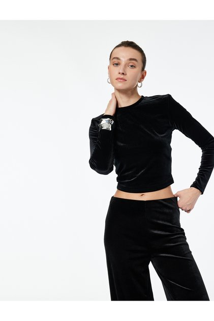 Long Sleeve Crew Neck Slim Fit Velvet Crop T-Shirt