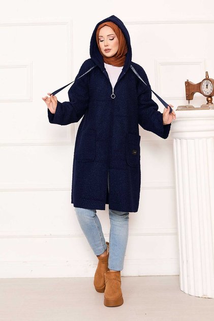 Zippered Hooded Boucle Cap Navy Blue