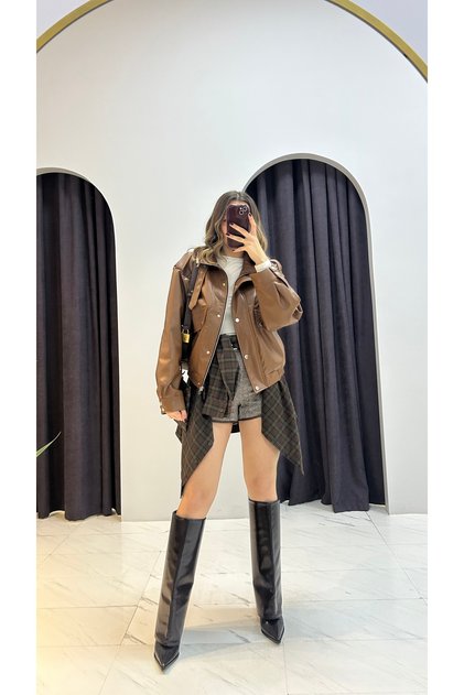 Leather Jacket with Pocket Detail and Belted Collar
