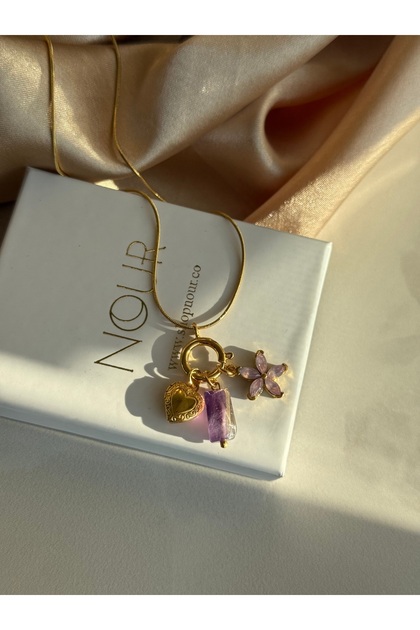 Ametist Lotus Çiçek Kalp Charm Çelik Kolye