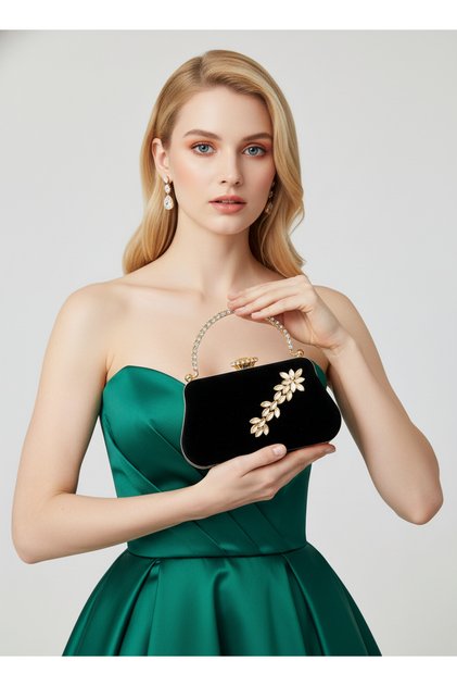 Black Suede Crystal Stone Metal Handle Chain Strap Evening Dress Bag Wedding Engagement Graduation