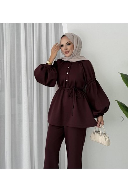 Scuba Fabric Hijab Top and Bottom Set, High-Waisted Double-Pocket Pants, Snap-Button Collar Pants