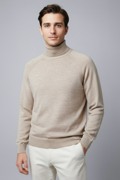 Men's Turtleneck Standard Fit Italian Raglan Knitwear Sweater Beige 26W2013