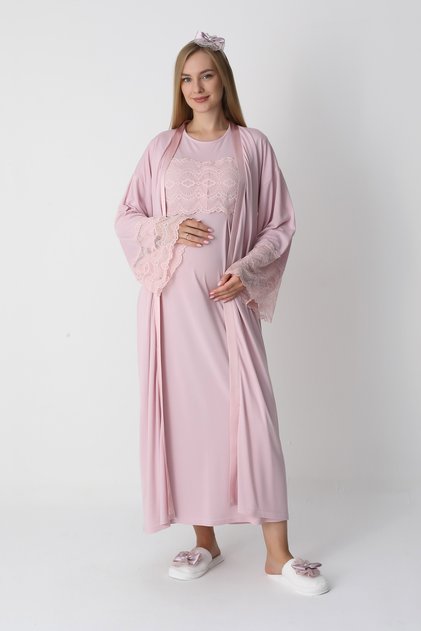Maternity and Pregnancy Clothing / Nursing Nightgown and Robe Set with Hidden Buttons / Viscose Cotton