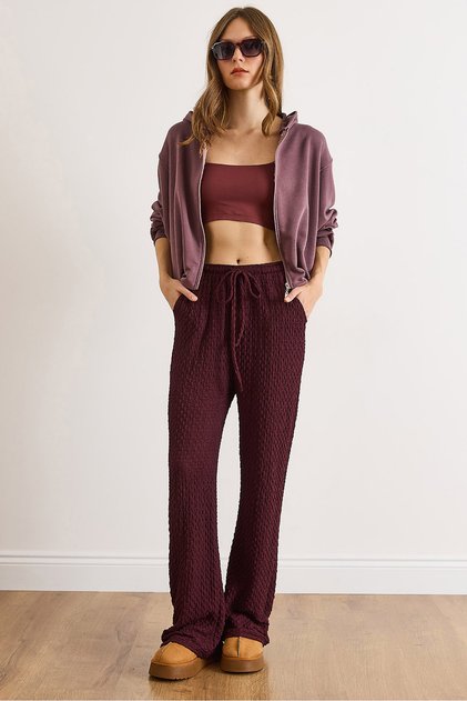 Women's Plum Pocketed Elastic Waist Textured Palazzo Pants Pnt-19000377