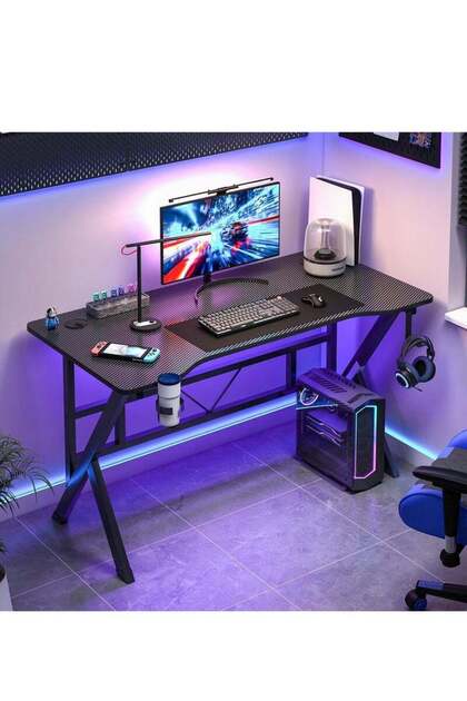 K-Shaped Gaming Desk Carbon Fiber Surface Office Desk with 2 Cable Holes Study Desk with Cup Holder