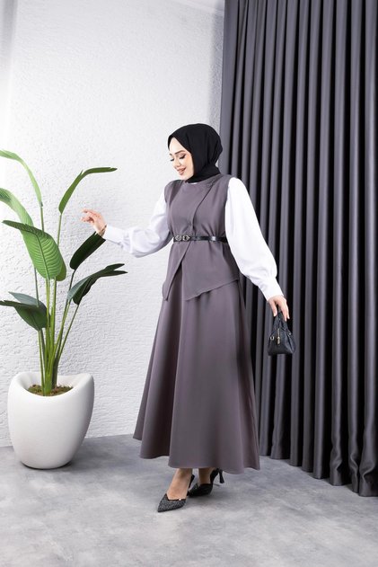 Gamze Skirted Belted Suit - Gray