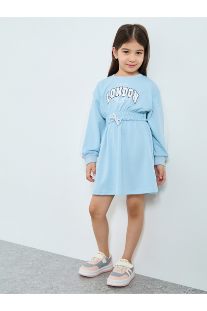 Girls Light Blue Printed Sweatshirt Dress