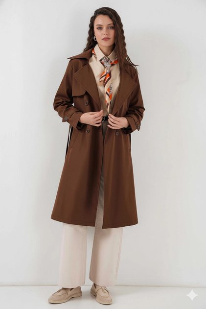 Women's Brown Double-Breasted Collar Belted Lined Trench Coat Hzl25W-Bd159181