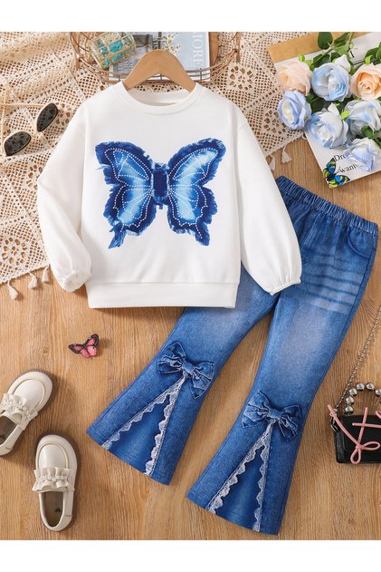 Girls Butterfly Print Top and Flare Pants Set