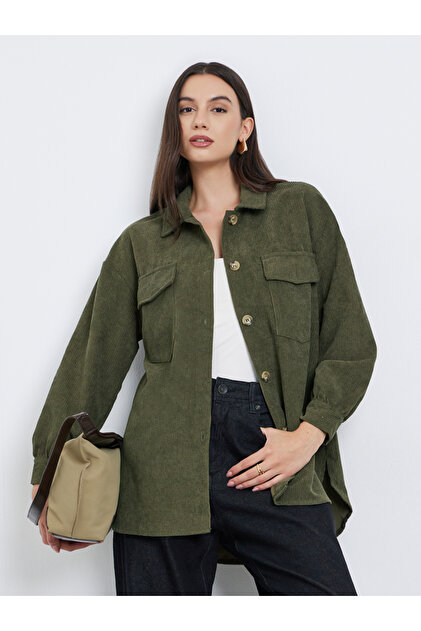 Olive Longline Corduroy Shacket