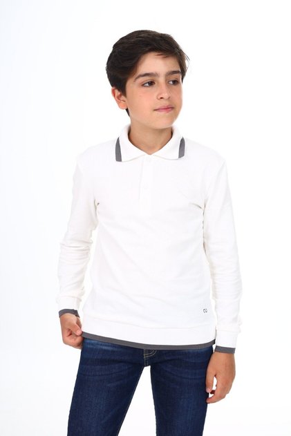 Ecru Boy's Regular Fit Polo Neck Printed Sweatshirt - 2 Thread