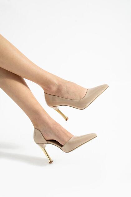 Rugan Kadın Stiletto Altın 9cm Topuklu Kadın Topuklu Ayakkabı