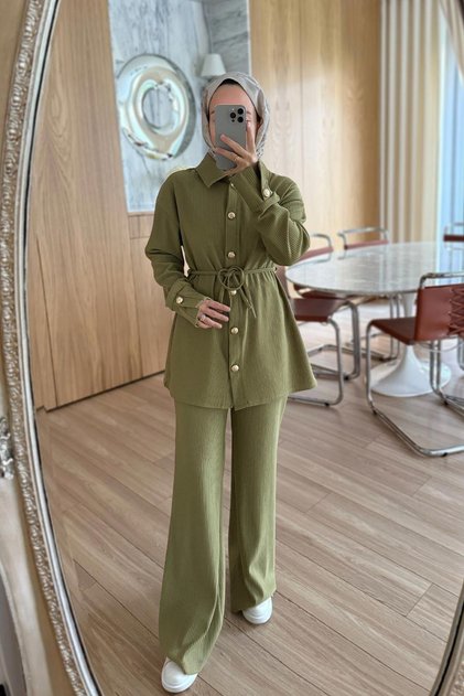 Corded Fabric Hijab Suit with Gold Button Detail - Oil Green