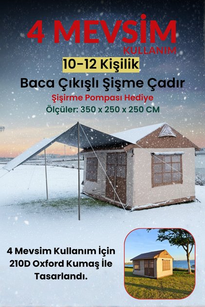 10-12 Kişilik Baca Çıkışlı Şişme Kamp Çadırı-4 Mevsim 210D Oxford Su Geçirmez-350x350x250 CM