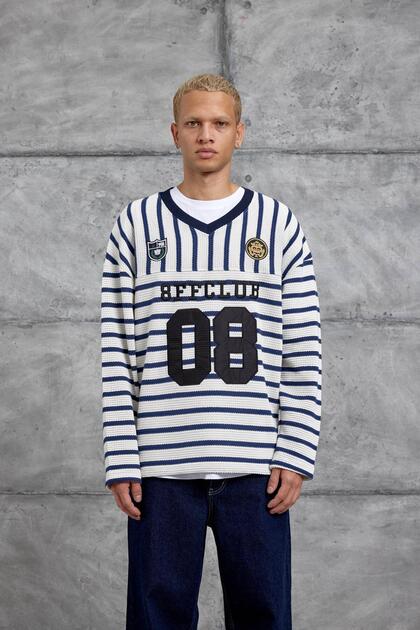 Men's Sweatshirt Striped V-Neck Navy Blue Oversize