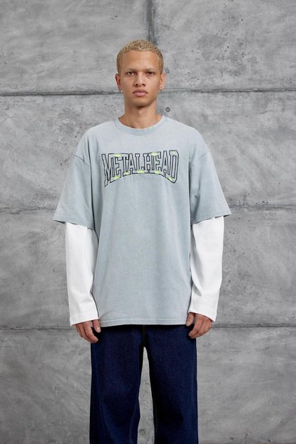 Men's Sweatshirt Metalhead Piece Sleeves Gray Oversize Printed Crew Neck 3 Thread Without Drawstrings