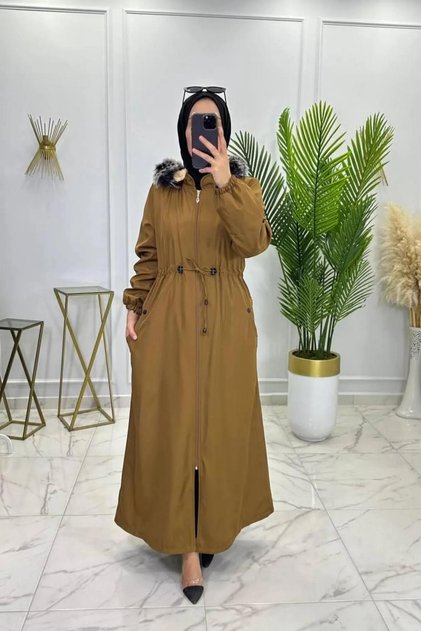 Derya Winter Parka Coat Bondit Fabric Women's Tan Removable Hooded Zippered Coat