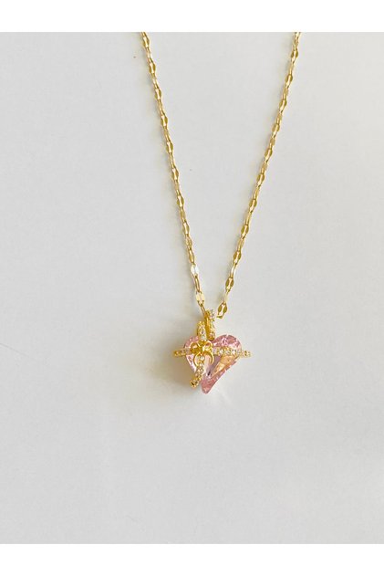 Steel Necklace with a Small Bow Detail on a Pink Heart Stone Necklace