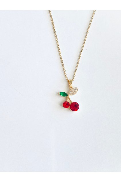 Steel Necklace with Red Stone and Cherry Figure Pendant