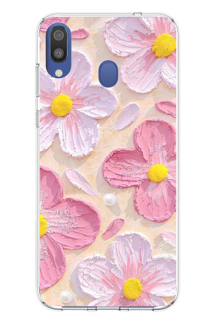 Samsung Galaxy M20 Compatible Pink White Flowers Watercolor Printed Silicone Case