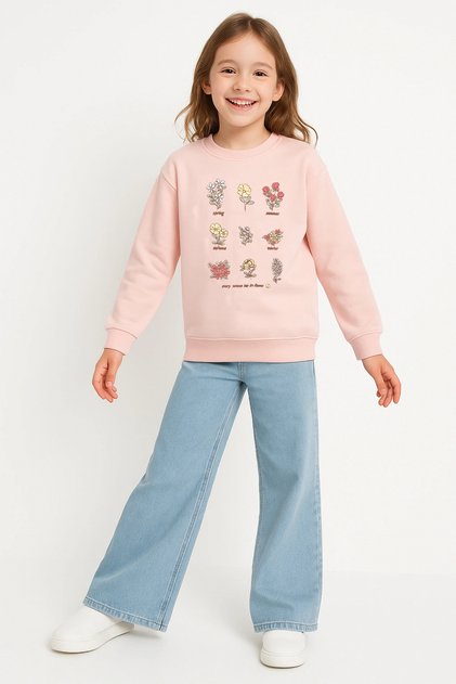 Girl's Sweatshirt Pink Long Sleeve Floral Pattern Children's Sweatshirt