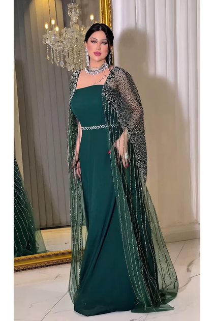 Embroidered Chiffon Cape Detail Square Neck Evening Dress