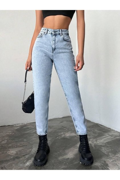 Ophelia Snow Wash Mam Jean Blue Stretch Fabric High Waist Women's Jeans,Jeans-Dk2