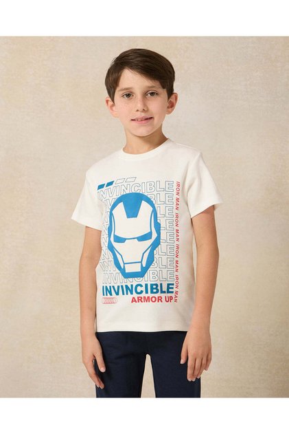 Boys Cream Printed Iron Man Short Sleeve T-Shirt