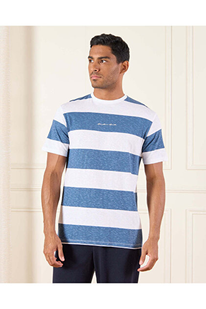 Men White And Blue Striped T-Shirt
