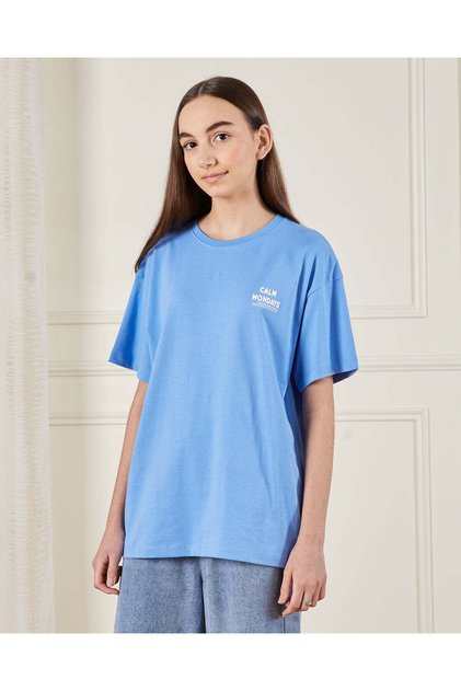 Senior Girls Blue Over Size Printed T-shirt