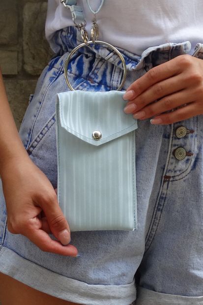 THE MELBES Kadın Şeritli Mavi Halkalı Omuz Askılı Çanta Cüzdan Telefonluk - 6
