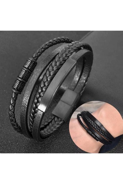 Men's Genuine Leather Bracelet Black Color Magnetic Buckle Braided Trend